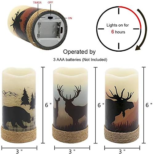 GenSwin Battery Operated Flameless Led Candles Flickering with Hemp Rope and 6H Timer, Real Wax Pillar Candles Warm Light with Deer, Moose, Bear Decals Decor Christmas Home(Pack of 3, D3 x H6)