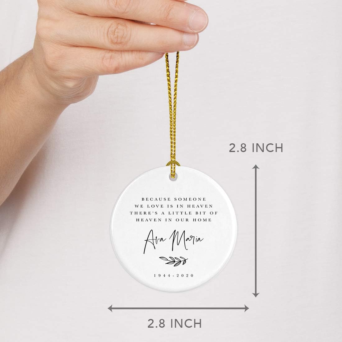 Andaz Press Personalized Round Ceramic Porcelain Christmas Ornament Keepsake Beareavement Memorial Gift, Because Someone We Love is in Heaven Ava Maria Carter 1944-2024, Antique Handdrawn, 1-Pack