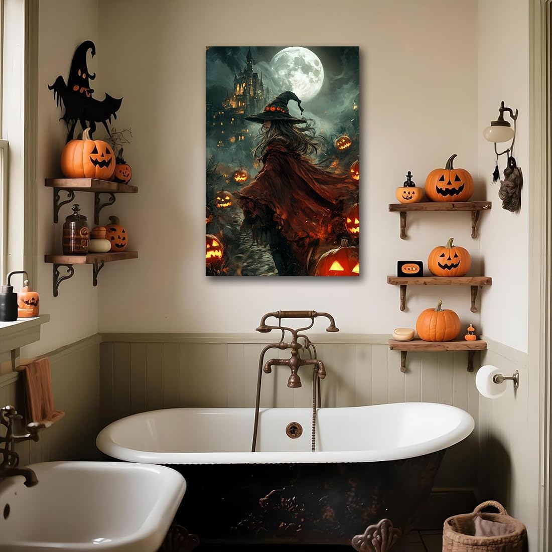 Dark and Moody Gothic Witch Poster Wall Art,Vintage Rustic Witch in Cloak with Castle Pumpkin Road Dark Gothic Poster,Goth Spooky Season Halloween Prints for Fantasy Office,16"x24" Framed