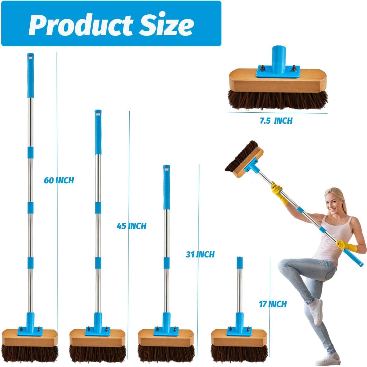 Heavy Duty Deck Brush with Long Handle - 60" Floor Scrub Brush with Stiff Natural Palmyra Bristles, Outdoor Scrubber Brushes for Cleaning Rough Surface, Concrete Floor, Patio, Garden, Sidewalk