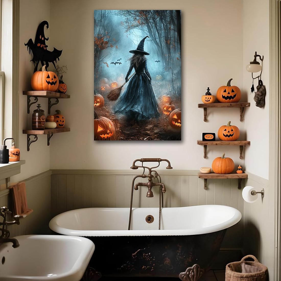 Vintage Moody Halloween Witch Artwork Wall Decor,Spooky Halloween Gothic Canvas Artwork Creepy Horror Witch with A Broom Pumpkin Bats Rustic Forest Picture,Dark Academia Poster,20"x30" Framed