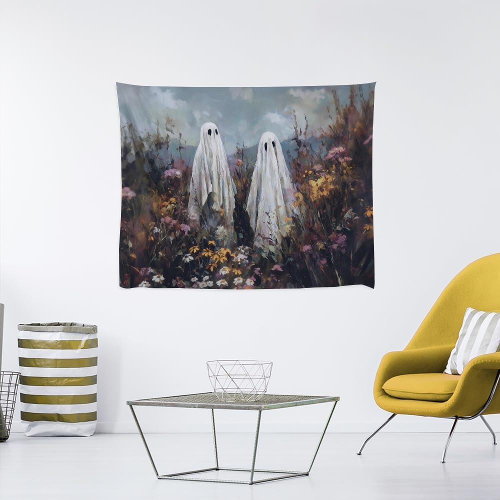 Halloween Ghosts in Wildflowers Tapestry Wall Hanging Spooky Cute Ghost Floral Tapestries Victoria Moody Artwork Aesthetic Print for Goth Living Room Bedroom wall Decor 50x60inch