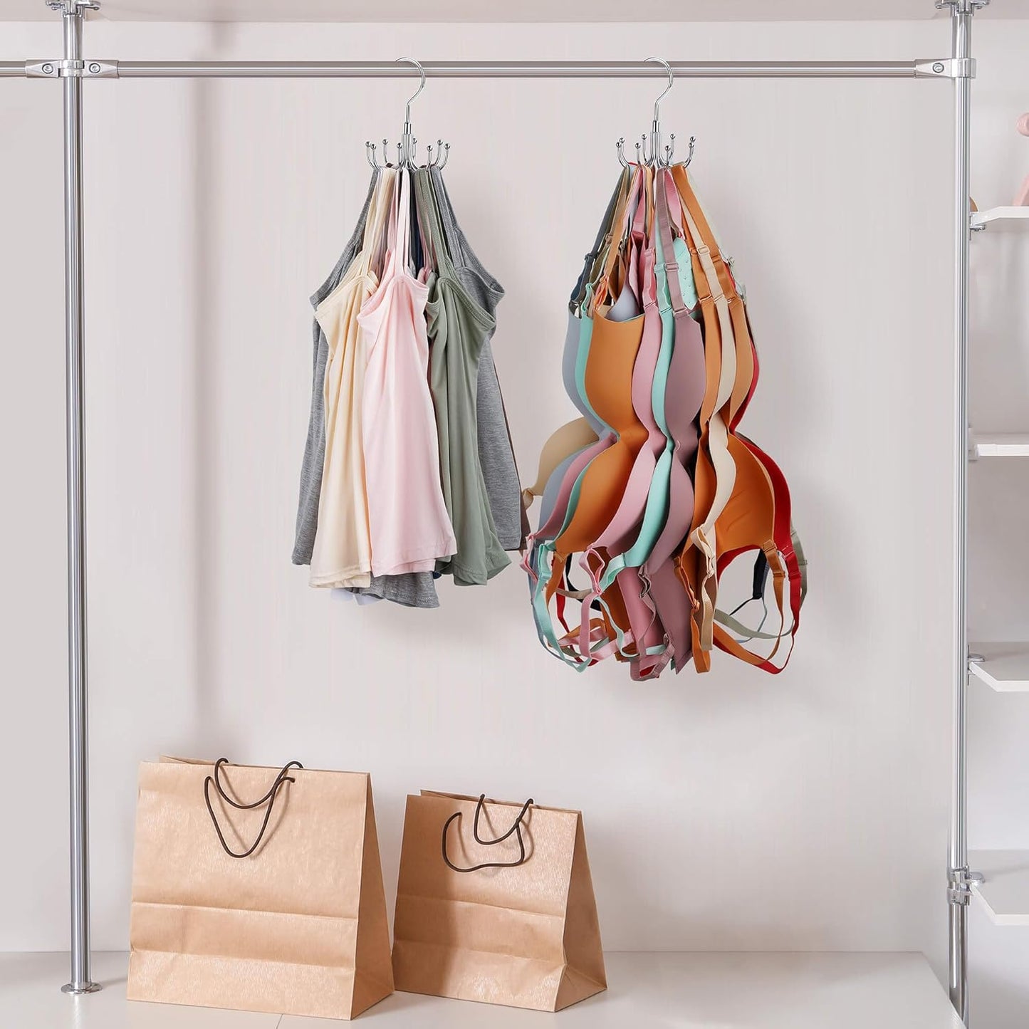 ZEDODIER Tank Top Hanger, 2 Pack Rotatable Bra Organzier for Closet, Max 48 Storage Capacity Sport Bra Holder, Metal Space Saving Closet Organizers and Storage, Silver