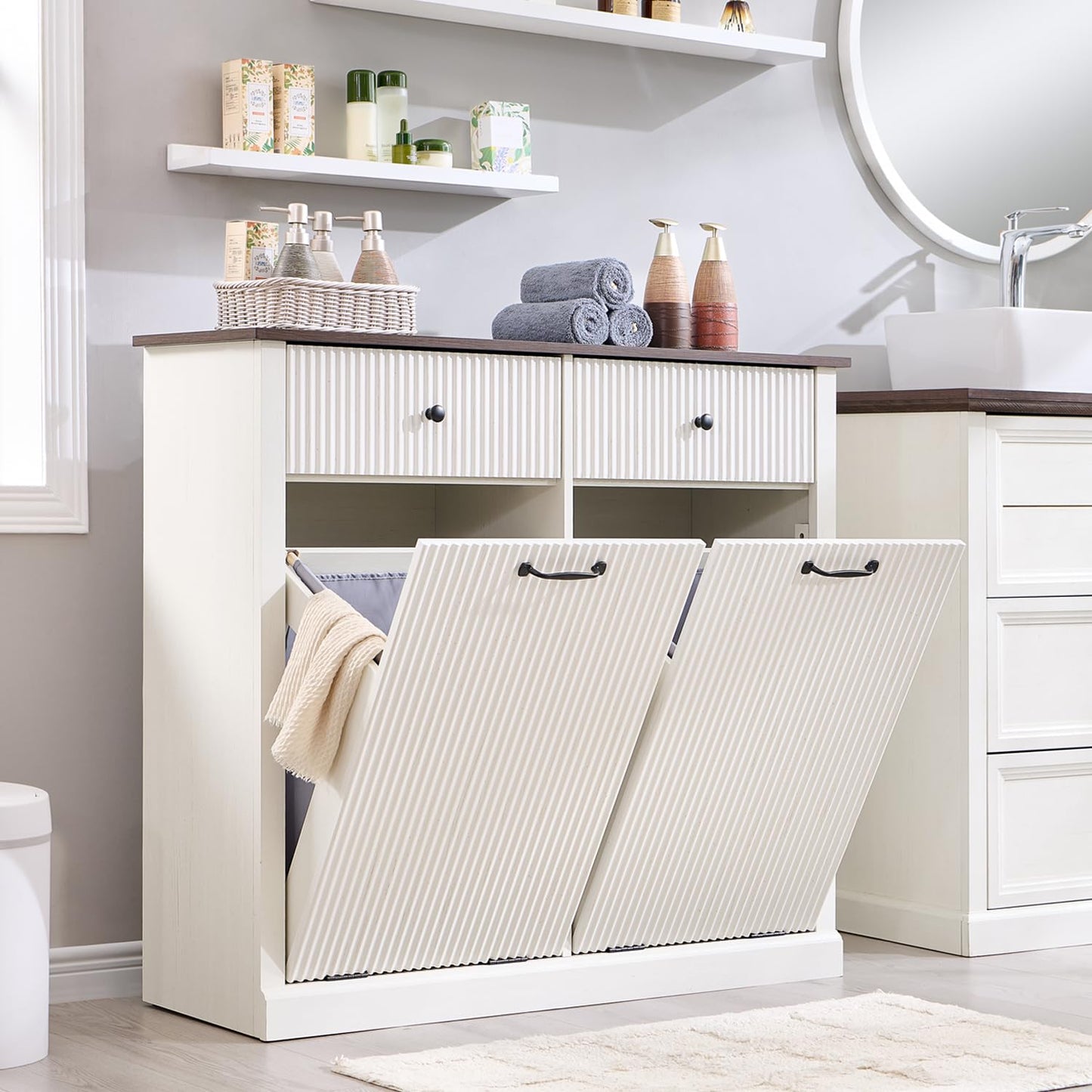 Modern Double Tilt-Out Trash Cabinet, 20 Gallon Fluted Laundry Hamper Cabinet w/2 Drawers, Wooden Hidden Garbage Can Cabinets with Storage Basket,Free Standing for Kitchen & Living Room, White