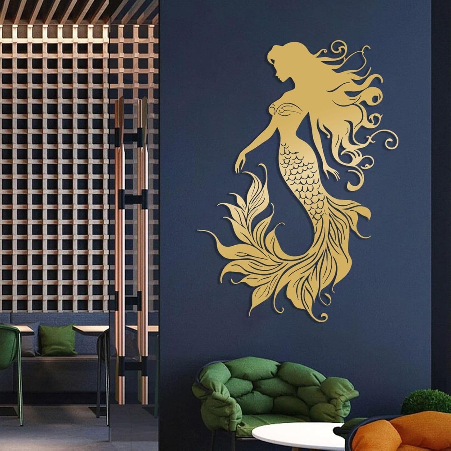 Veplsur Mermaid Metal Wall Art, Metal Mermaid Wall Decor, Marine Biology Wall Decor, Ocean Wall Art, Nautical Wall Hanging, Beach Hanging for Bathroom Bedroom (Silver, 35"x25"|90x64cm)