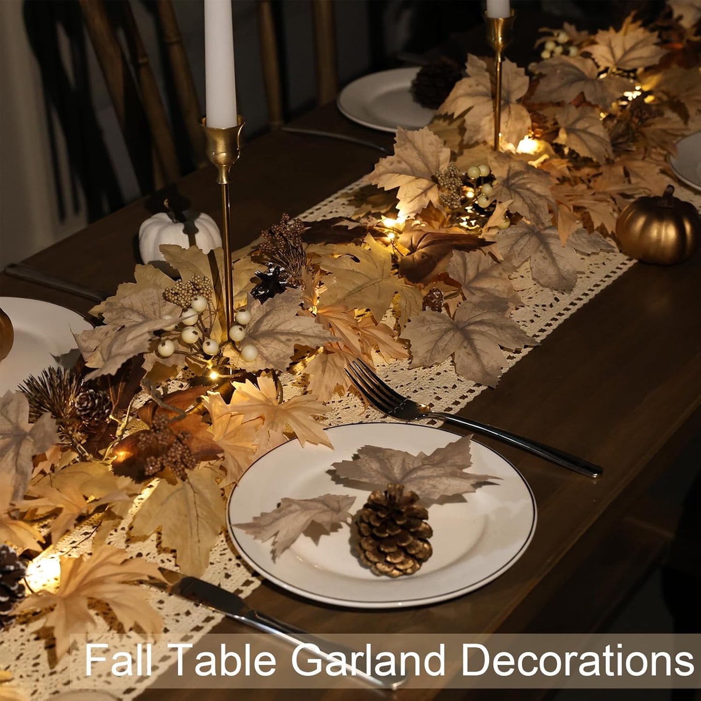 Realistic Fall Garland with Lights, 6 FT Real Touch Feel Leaves Garland with Berries Pine Cones, Fall Decorations for Home Thanksgiving Halloween Decorations Indoor Farmhouse Porch Fireplace