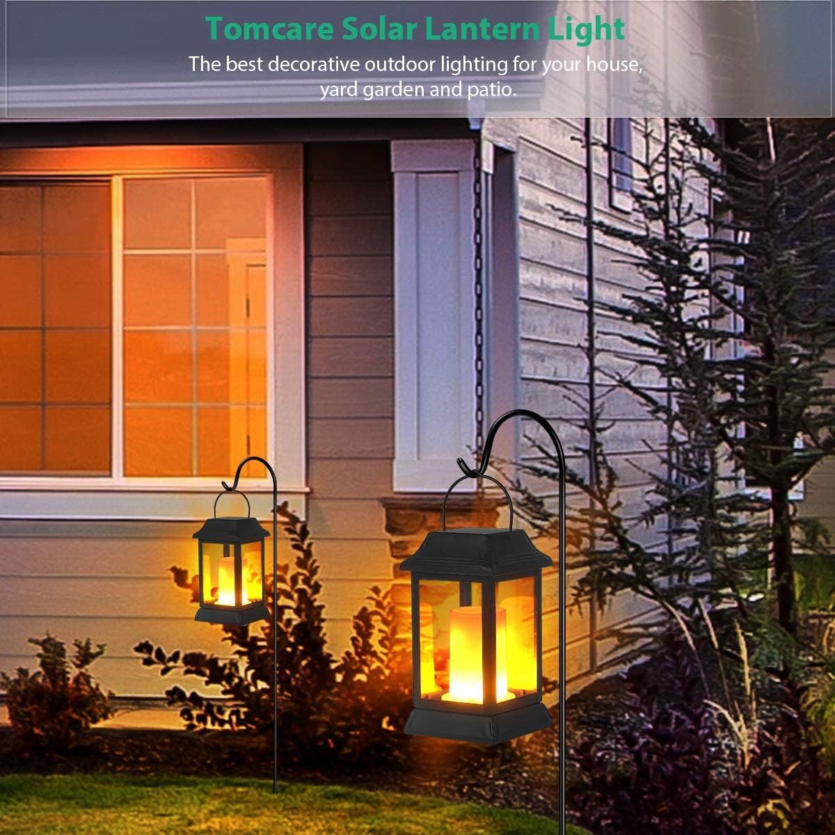 TomCare Solar Lights Metal Flickering Flame Solar Lantern Outdoor Hanging Lanterns Decorative Lighting Heavy Duty Solar Powered Waterproof Umbrella Lighting for Garden Yard Patio Deck, 2 Pack(Black)