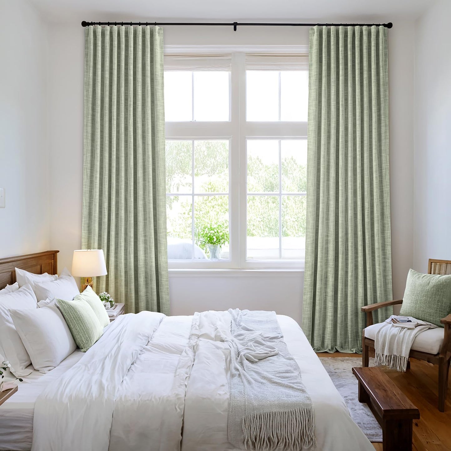 MIULEE Sage Green 100% Blackout Linen Curtains 90 Inch 2 Panels Set Double Sided No Coating Pleated Back Tab Black Out Long Thermal Insulated Pinch Pleat Bedroom Living Room Darkening Window Drapes