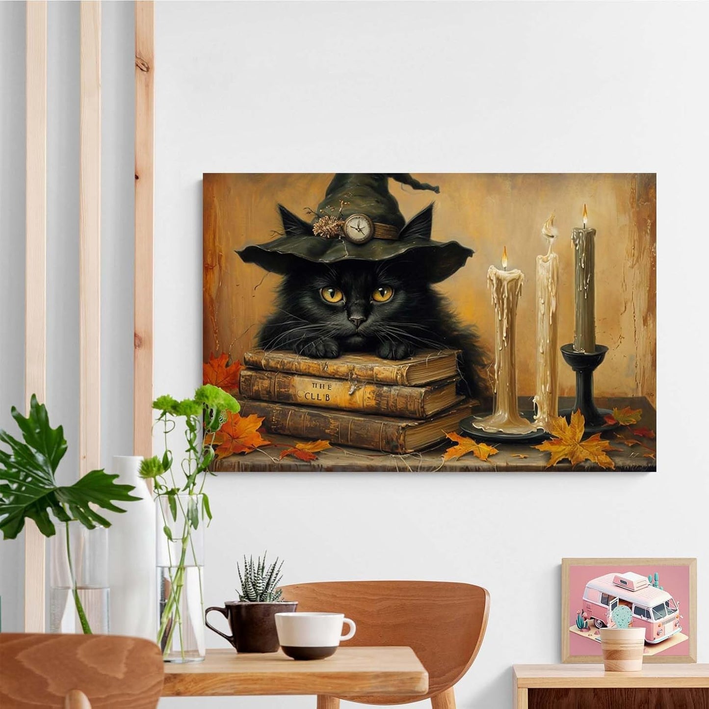 JFHCQJPK Vintage Halloween wall decoration black cat and magic book suitable for home bedroom living room decoration dark classic art witch wall decoration28x40in Frameless