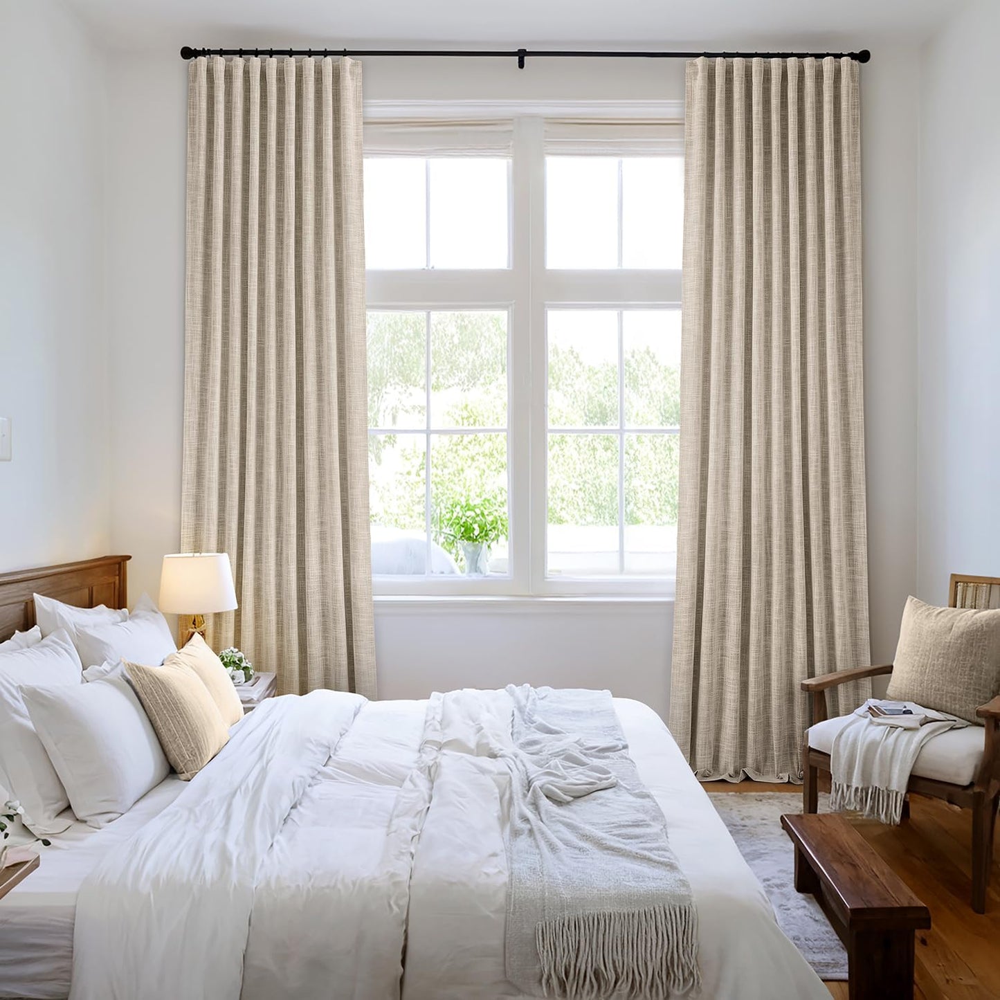 MIULEE Beige 100% Blackout Linen Curtains 92 Inch 2 Panels Set Double Sided No Coating Pleated Back Tab Black Out Long Thermal Insulated Pinch Pleat Bedroom Living Room Darkening Window Drapes