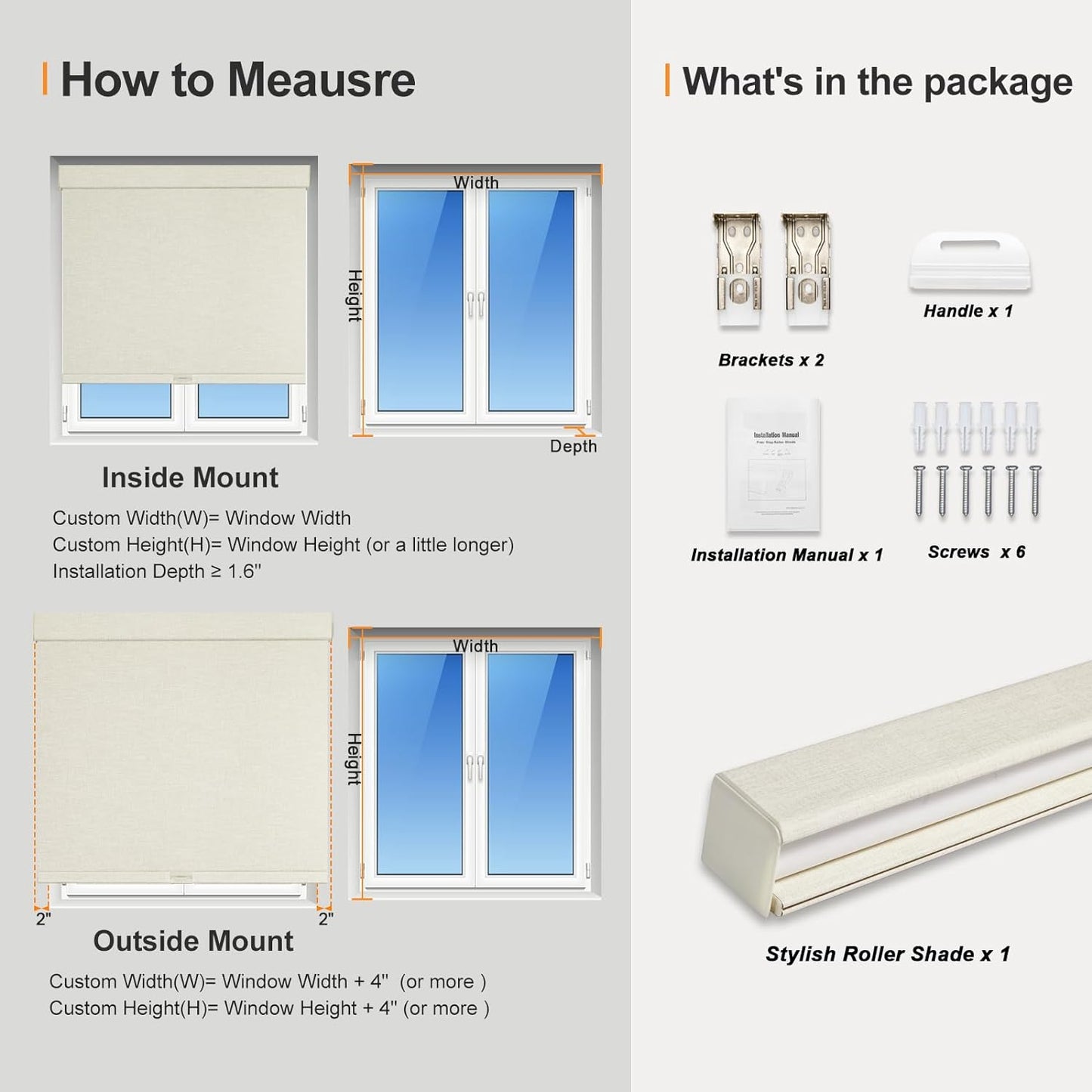 Persilux Blackout Shades for Windows Cordless Roller Blinds, Roller Windows Shades for Home with Fabric Attached Valance, UV Protections Easy Installation for Door/Office, Limestone(19" W x 84" H)