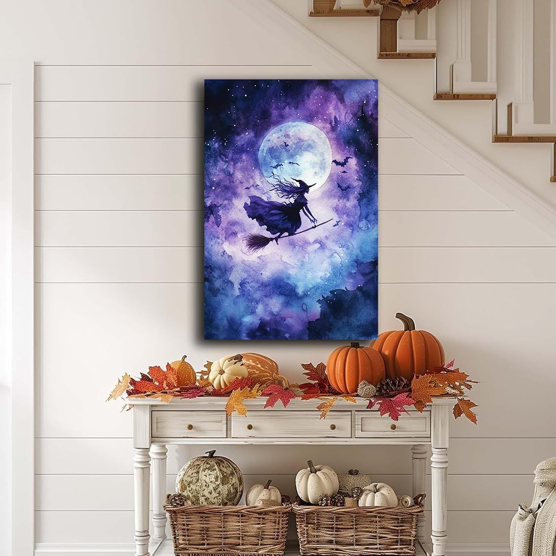 Witch On Broom Flying Wall Art,Gothic Halloween Canvas Wall Art,Victorian Witch Silhouette In Moonlight Broomstick Poster Pictures,Creepy Halloween Purple Night Sky Print,16"x24" Unframed