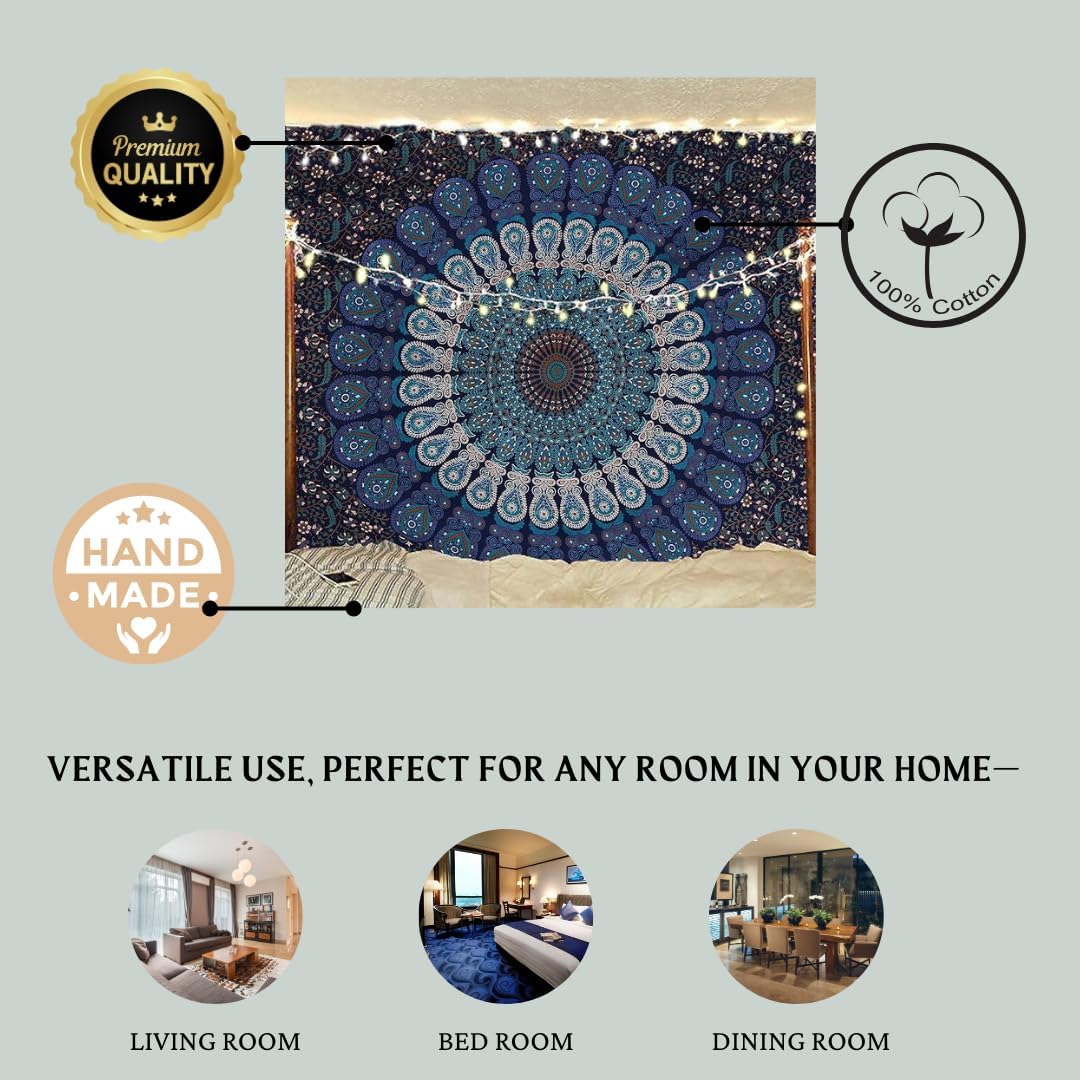 Bless International Handmade Indian hippie Bohemian Psychedelic Peacock Mandala Wall hanging College Dorm Beach Throws Table Cloth Bedding Tapestry (Golden Green, Twin(54x72Inches)(140x185cms))