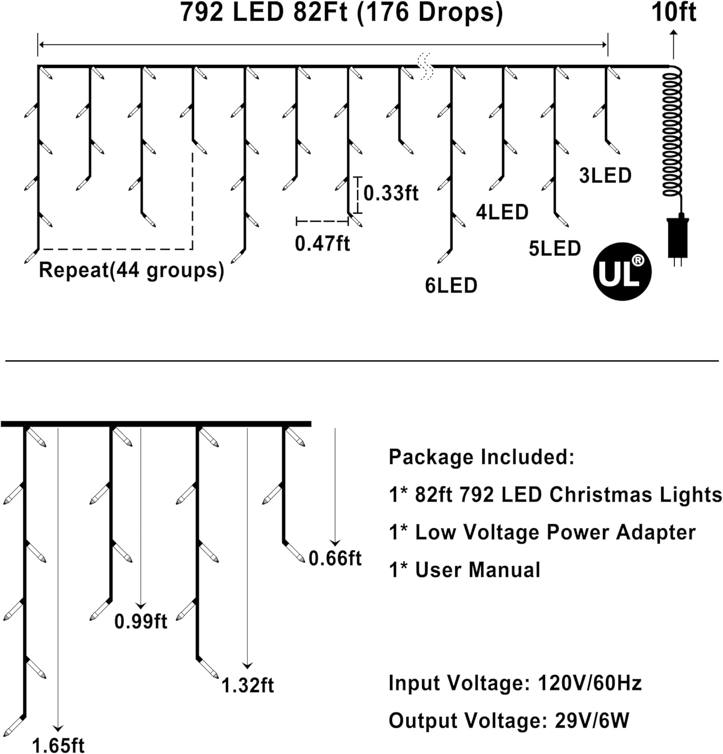 792 LED Christmas Lights with 176 Drops,82ft 8 Modes Fairy Hanging String Lights with Time Waterproof, Plug-in Christmas String Lights for Holiday Wedding Party Christmas Decorations(Cool White)