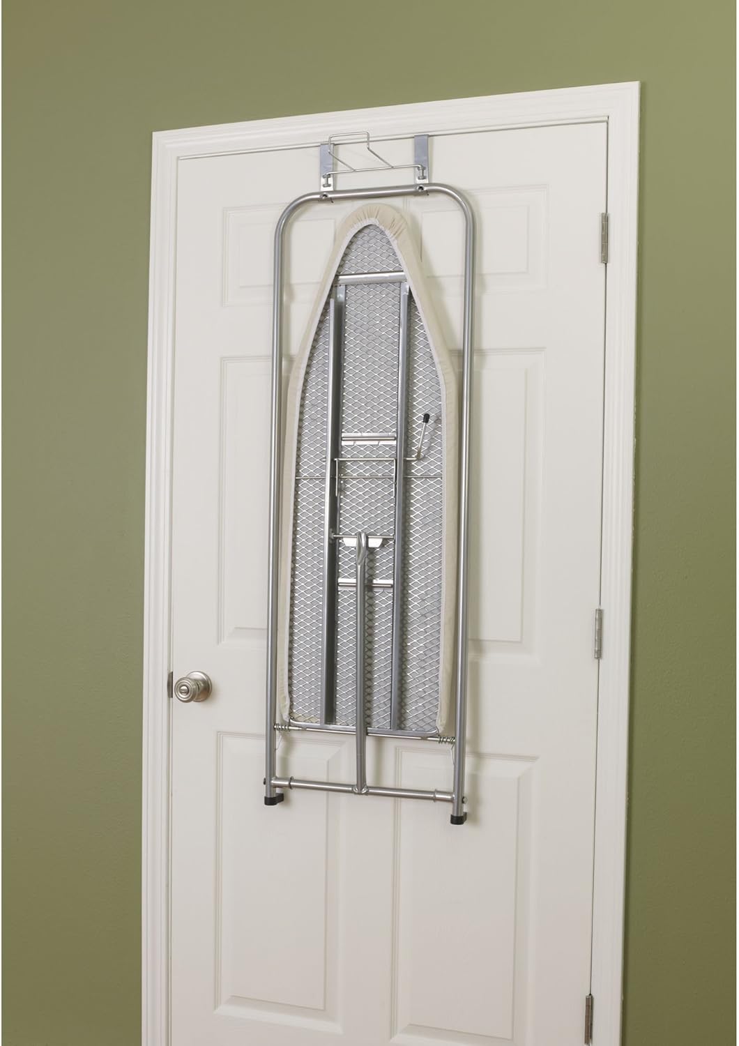Household Essentials 144222 Over The Door Small Ironing Board with Iron Holder, Natural Cotton Cover Silver