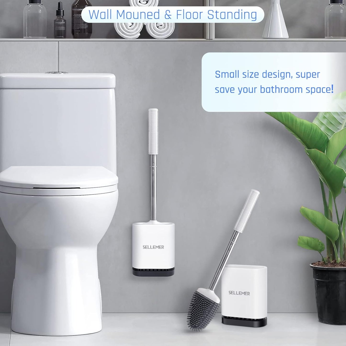 Sellemer Toilet Brush and Holder Set for Bathroom, Flexible Toilet Bowl Brush Head with Silicone Bristles, Compact Size for Storage and Organization, Ventilation Slots Base (2 Pack, Multicolor)