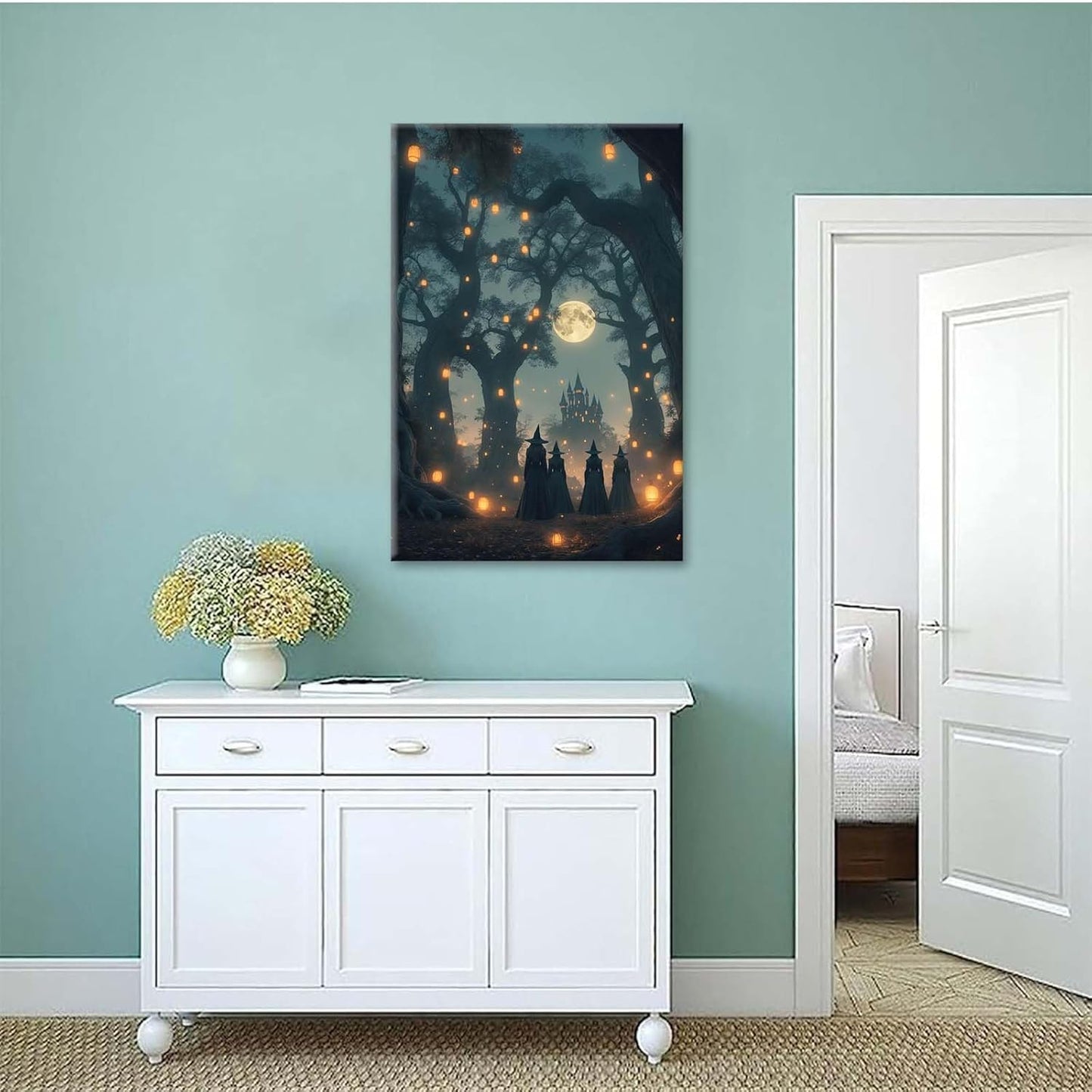 Mysterious creek painting witch and castle in magic forest art print canvas gothic print dark college decoration poster for home bedroom24x36in Wood Framed
