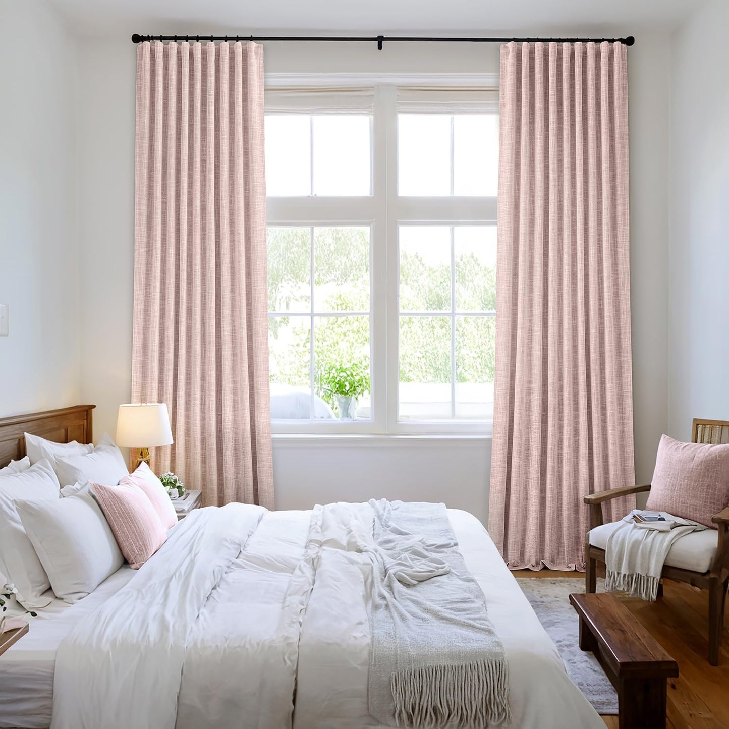 MIULEE Baby Pink 100% Blackout Linen Curtain 102 Inch 2 Panel Set Double Sided No Coating Pinch Pleated Back Tab Floor to Ceiling Black out Thermal Insulated Bedroom Living Room Darkening Window Drape