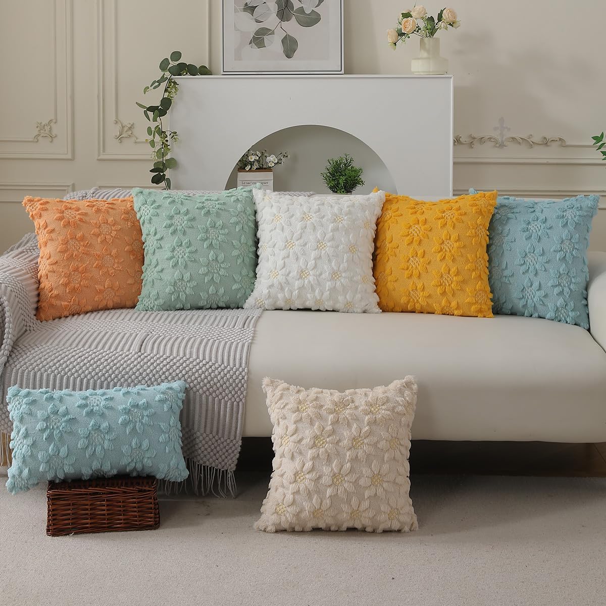 DFXSZ Spring Summer Pillow Covers 20x20 inch Set of 2 Farmhouse Decor Yellow Color Flower Heart Sunflower Soft Plush Faux Fur Jacquard Throw Pillows for Sofa Holiday Spring Home Decor PTK024C20