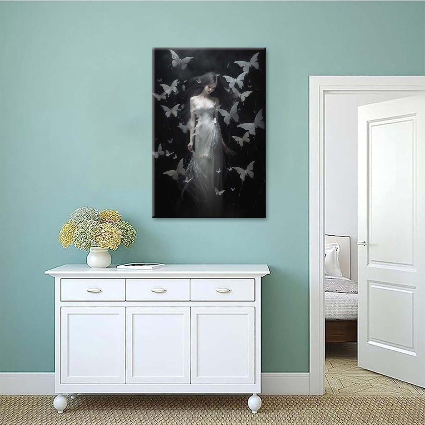 Vintage Gothic Feminine Canvas Wall Art Print Butterfly Poster Moody Female Wall Art Retro Artwork Dark College Decor for Home Bedroom20x30in Wood Framed