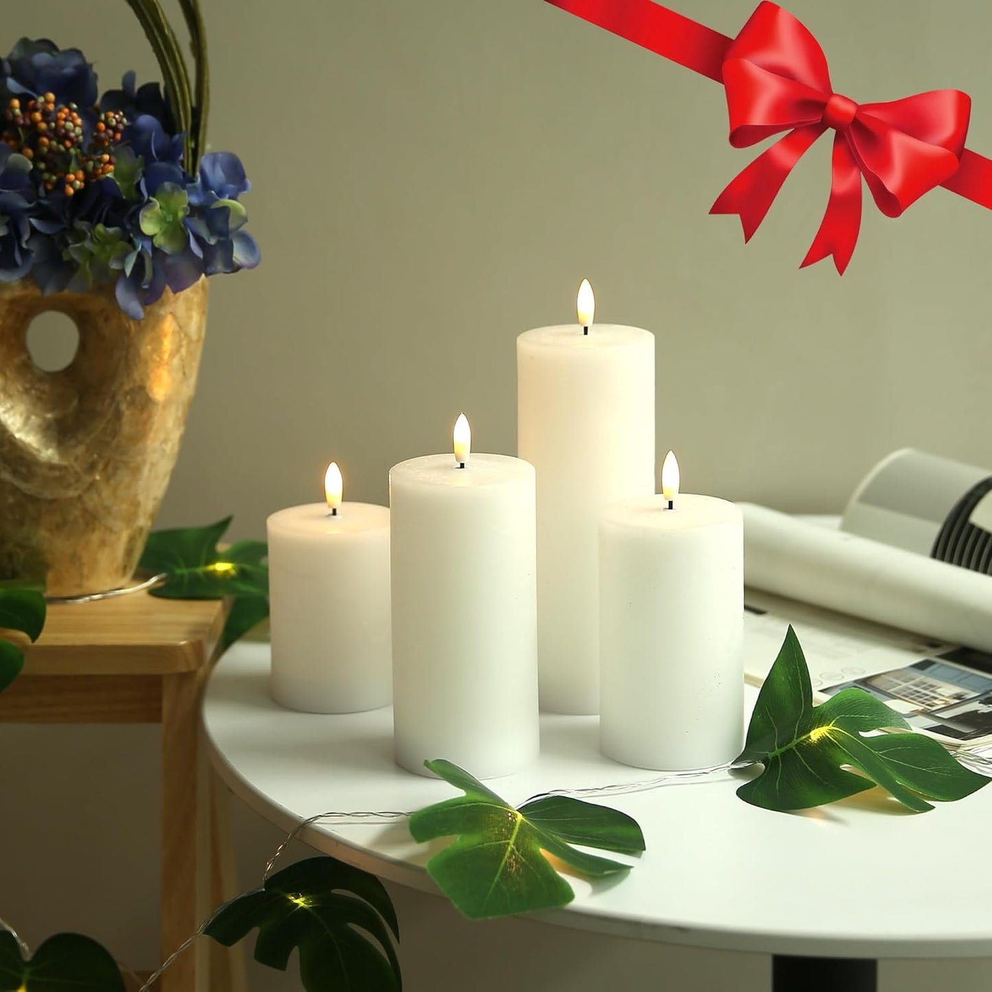 LUSHABOR Flameless Candles, 4 Pack Battery Operated Candles with Remote, Real Wax LED Fake Candles with Timer Flickering for Christmas Wedding Home Party D3 H 5" 6" 7" 9" White