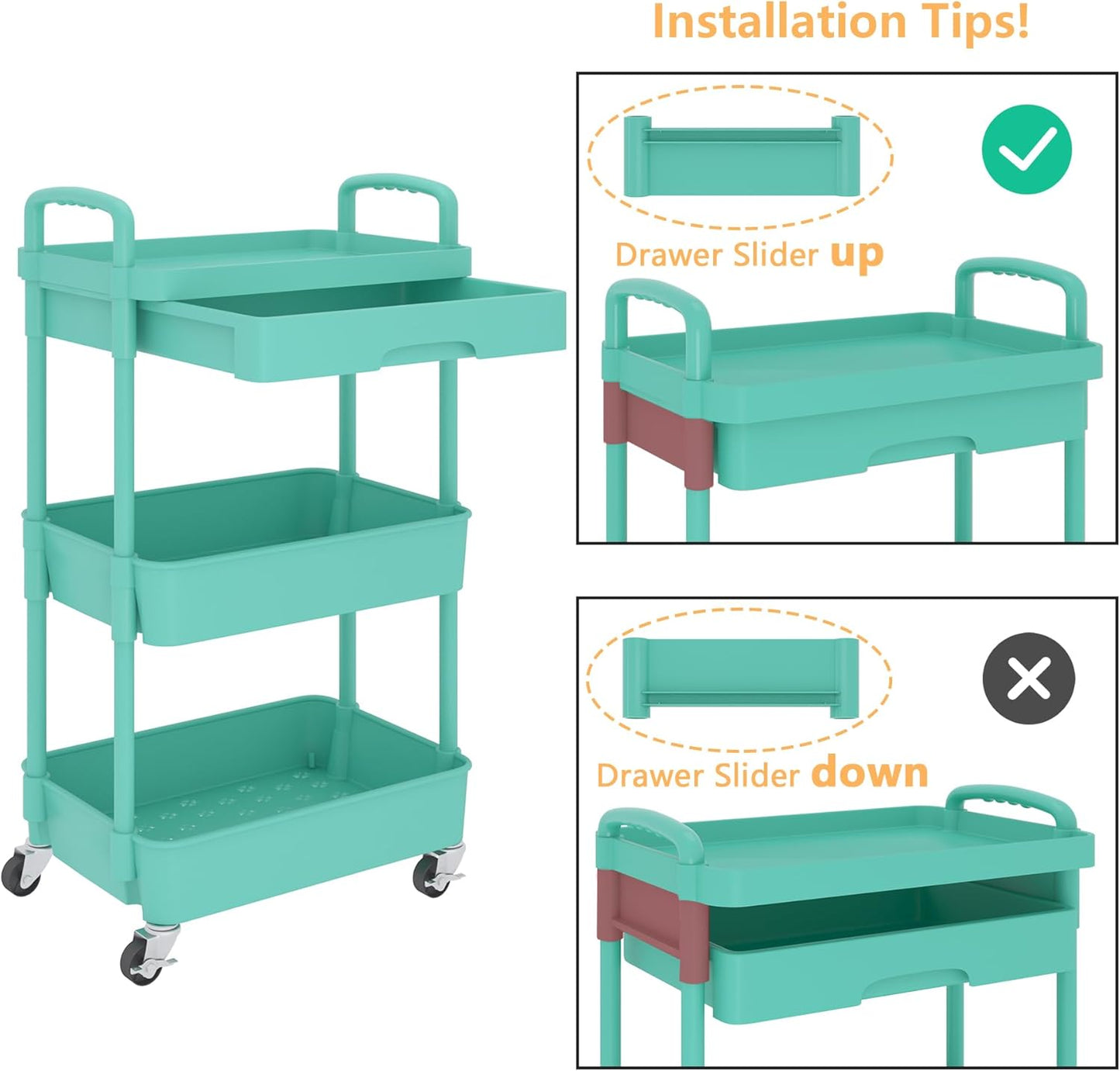 Calmootey 3-Tier Rolling Utility Cart with Drawer,Multifunctional Storage Organizer with Plastic Shelf & Metal Wheel,Storage Cart for Kitchen,Bathroom,Living Room,Office,Green