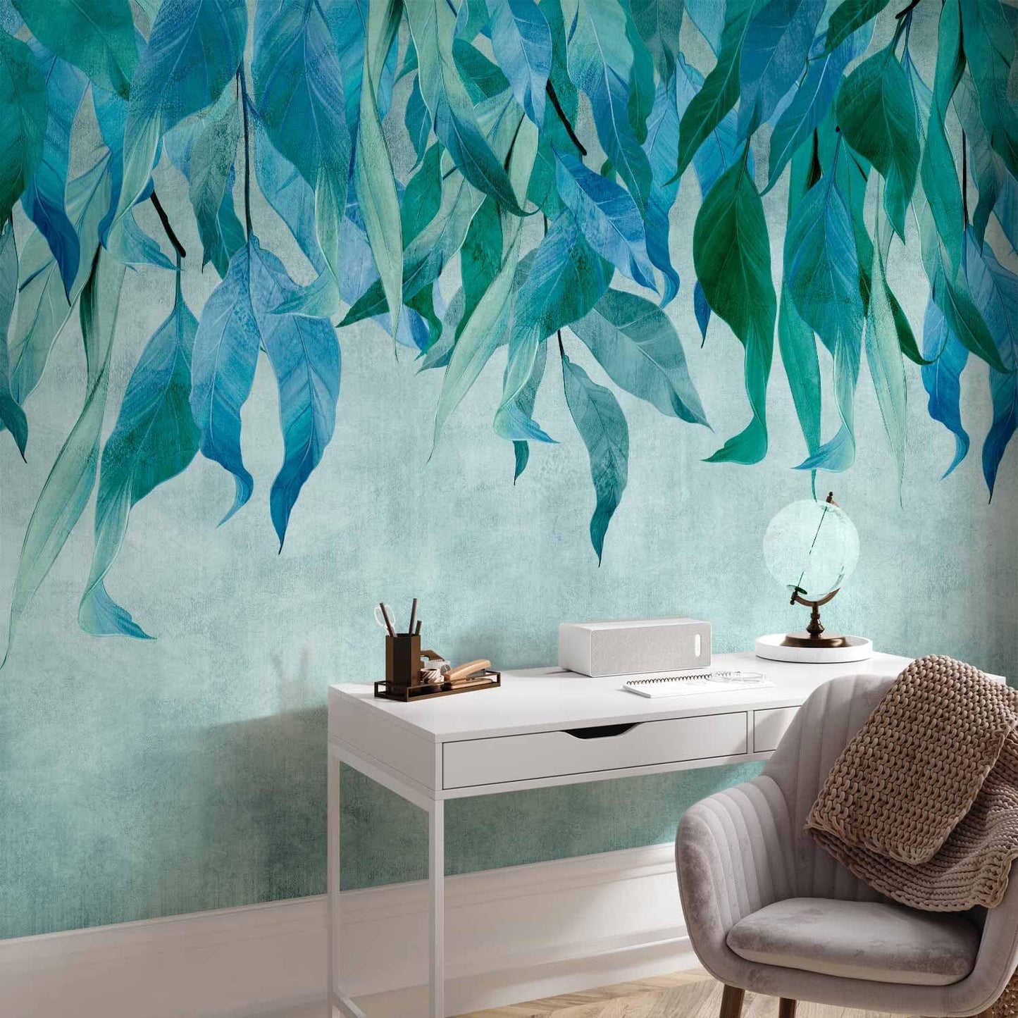 artgeist Wall Mural Hanging Leaves 79x55 in - Non-Woven Wallpaper Fleece Wall Decor Photo Print Picture Image Design Nature Botanical Concrete Green Blue b-C-10146-a-b
