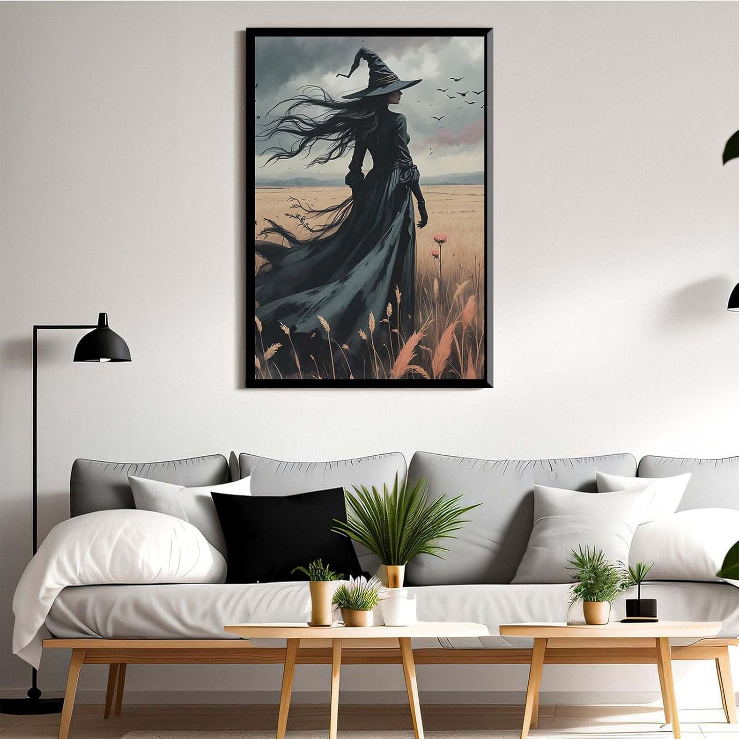 JFHCQJPK Gothic Decor Canvas Wall Art Witch in Rice Field Halloween Art Decor Print Nature Print Victorian Home Bedroom20x30in Metal blackFramed