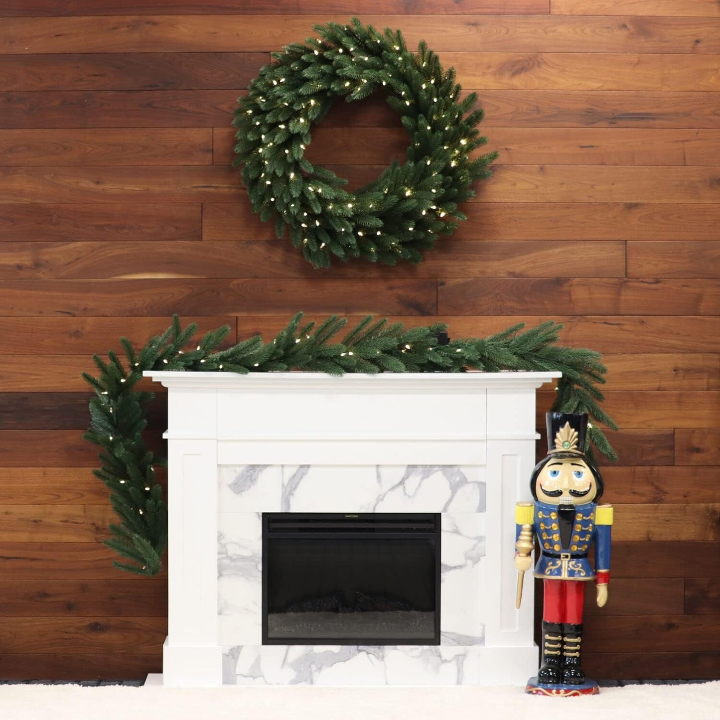 Fraser Hill Farm 9-Ft. Green Fir Garland with Warm White LED Lights | Battery Operated | Festive Christmas Holiday Decor for Fireplace Mantel, Stairway, Console Table | FFGF108GL-5GR