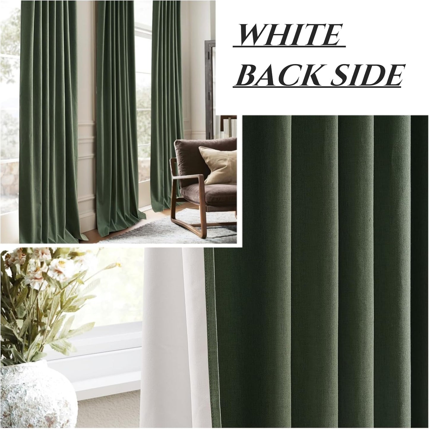Dark Academia Decor Olive Green Textured Blackout Curtains Panels 108 Inches Lengh Large Window Extra Long Luxury Curtains for Living Room Flax Linen Drapes Pinch Pleated/Back Tab 9FT x2 Panels