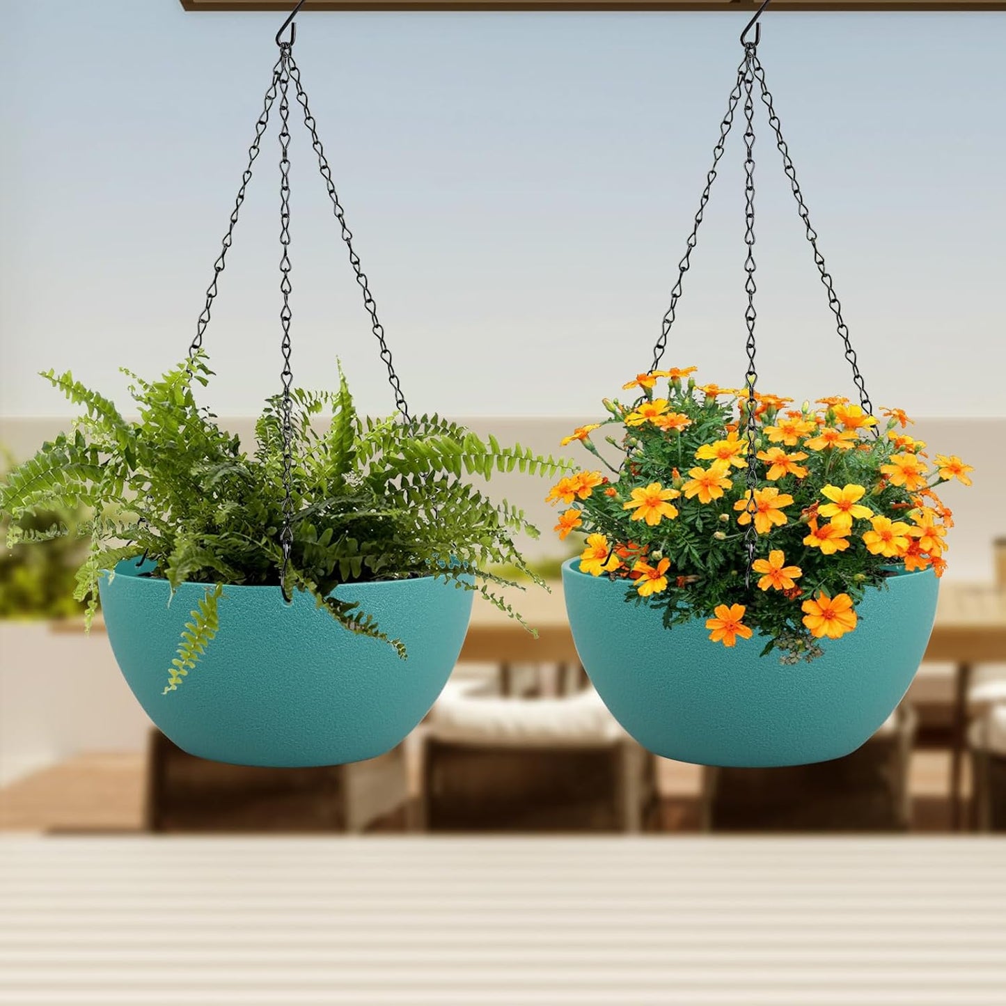 12 inch Large Hanging Planters for Indoor Outdoor Plants, 2 Pack Hanging Flower Plant Pots with Drainage Holes and Chain for Garden Porch, Plastic Hanging Baskets for House Plants, Blue Green