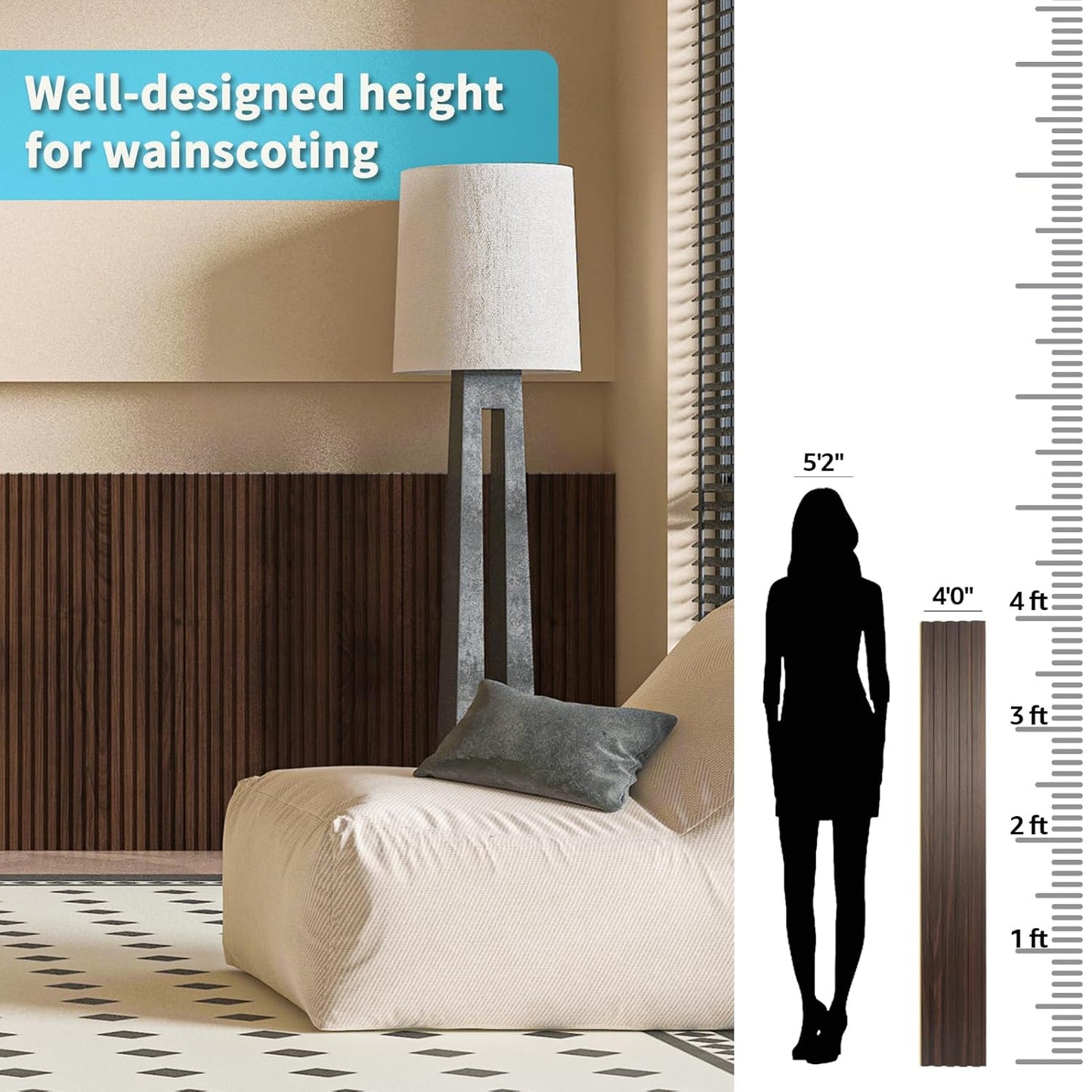 Art3d WPC Wainscoting Panels, 16-Pack 48 x 6 Inch 3D Wall Accents for Interior Wall Decor, Living Room, Bedroom, Walnut