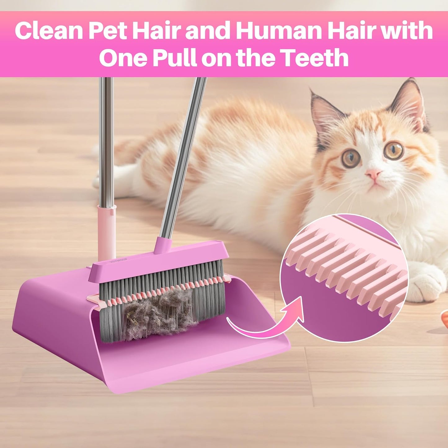 JOYMOOP Pink Broom and Dustpan Set, Upright Angle with Built-in Comb Teeth for Kitchen, Lobby, Pet Hair and Hard Floors