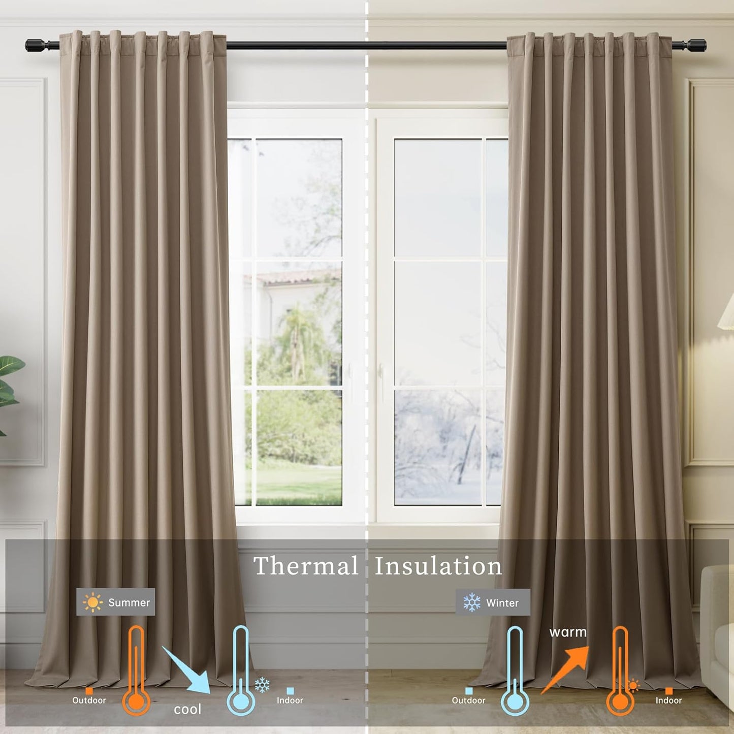 BOODII 100% Blackout Curtains for Bedroom 95 Inch Length 2 Panels Set Room Darkening Linen Curtains Light Brown Black Out Curtain Neutral Thermal Insulated Living Room Nursery Drapes Back Tab 52x95