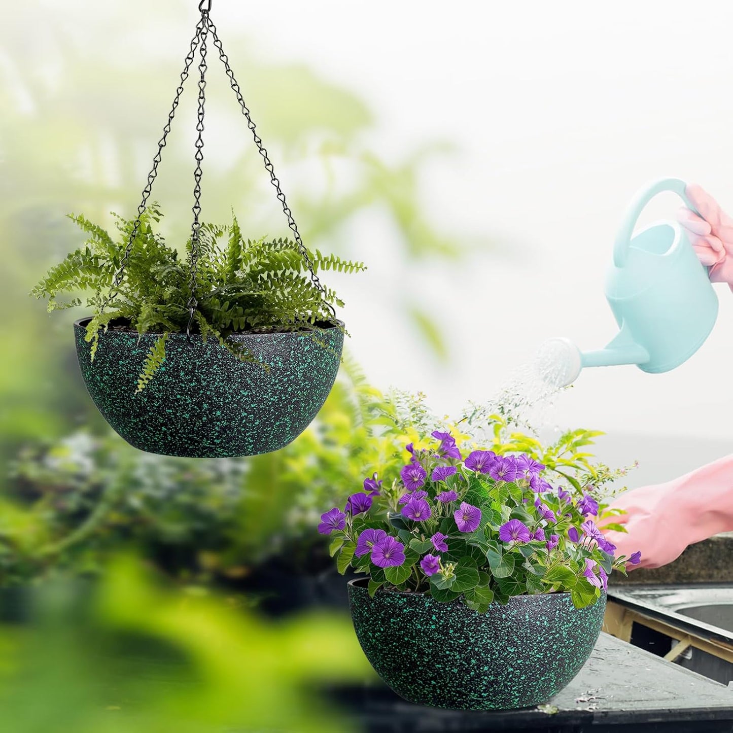 10inch Hanging Planters for Outdoor Indoor Plants with Drainage Holes and Chain, 2 Pack Round Hanging Flower Pots for Garden Home Porch Decor, Black with Green Speckles