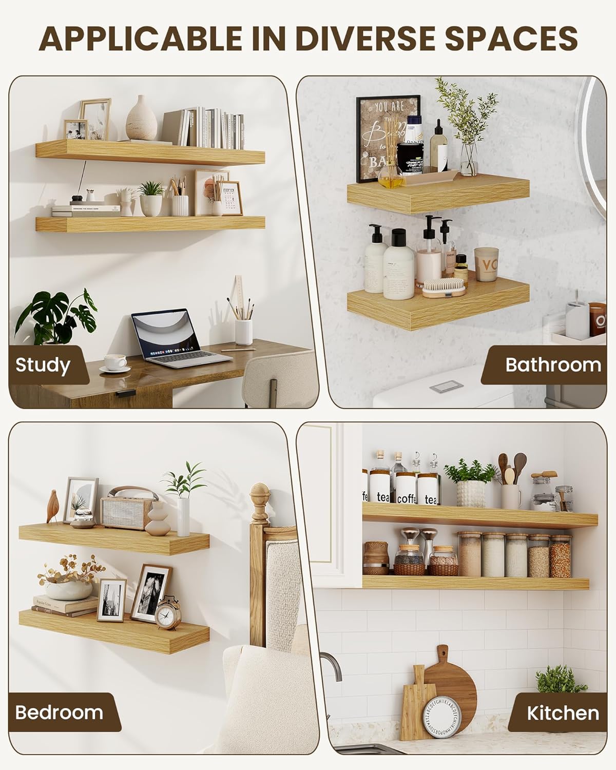 Marsmiles 24" Floating Shelves for Wall, Wooden Shelves with Invisible Brackets Set of 2, Rustic Farmhouse Wall Mounted Shelf for Kitchen Bathroom Living Room Study, Natural Oak