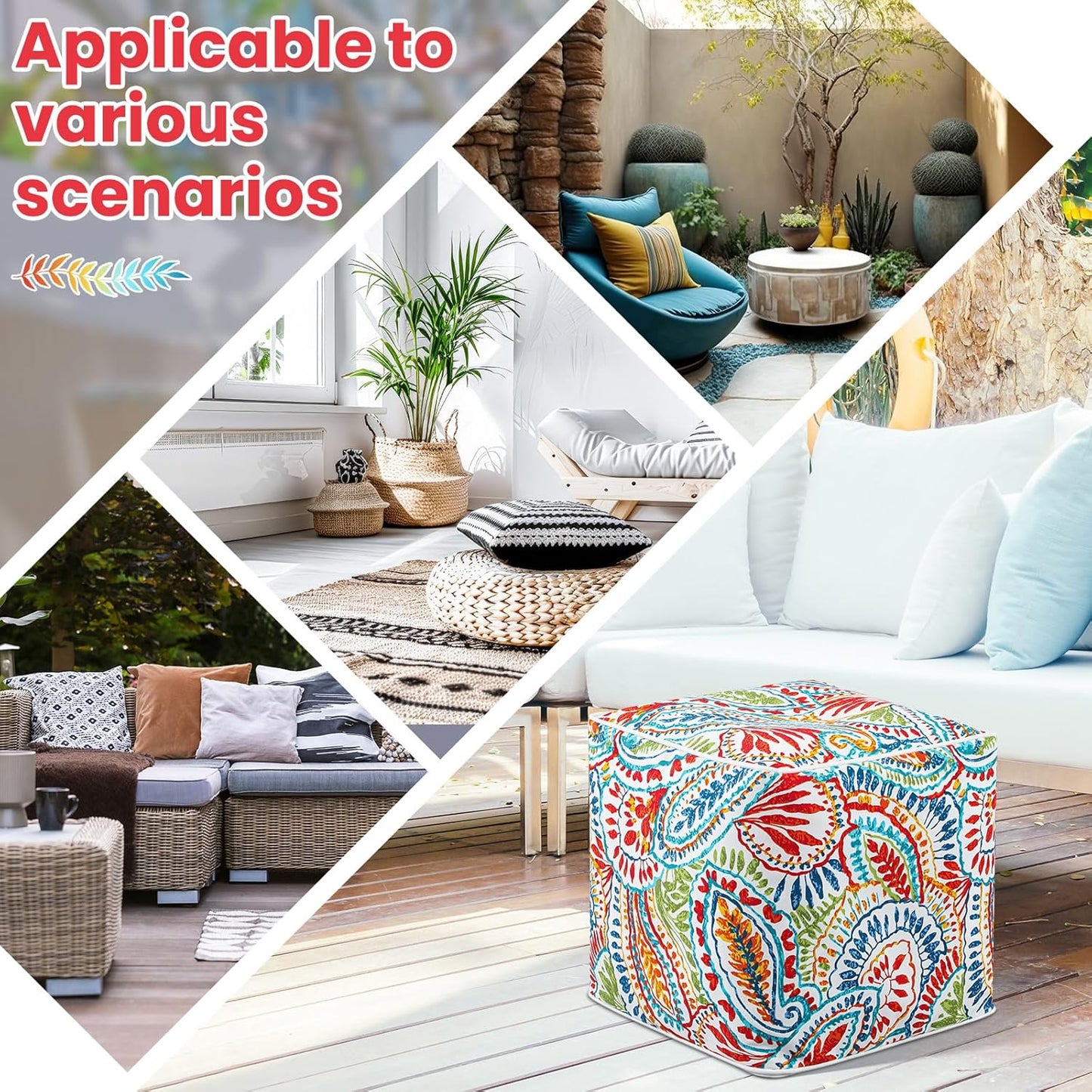 Juexica 2 Pack Ottoman Poufs Indoor Outdoor Inflatable Ottoman Stool Cube Pouffe Square Footstool with Handle for Patio Garden Home Boho Decorative Living Room, Bedroom(16 x 16 x 16 Inches)