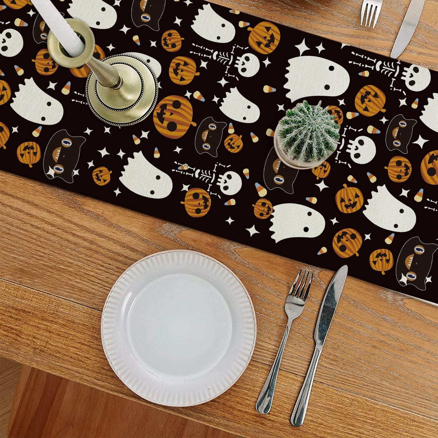 GAGEC Halloween Table Runner Black Cat Pumpkins Seasonal Kitchen Dining Table Home Outdoor Party Decorations (13'' x 90'')