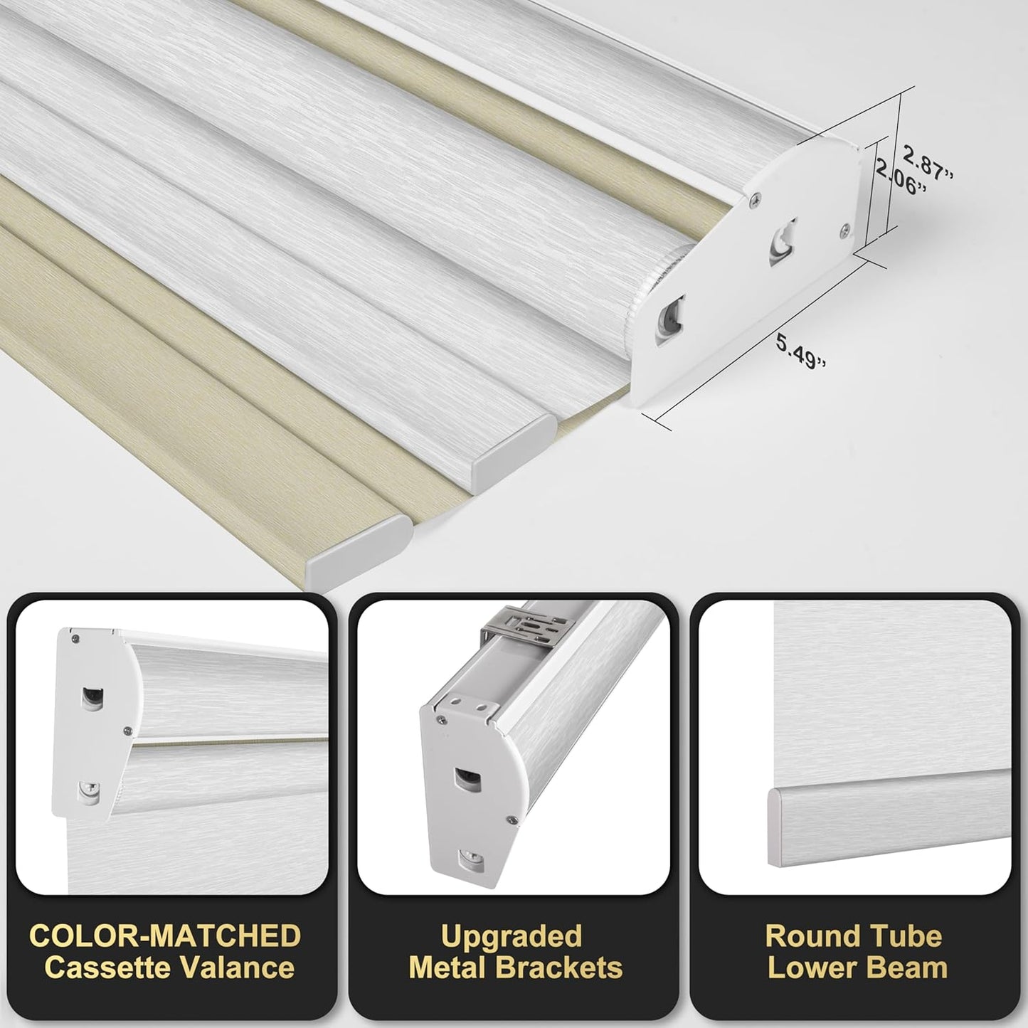 BERISSA Cordless Dual Roller Shades with Cassette Valance, Double Window Shades - Blackout and Light Filtering, Day and Night for Home Office Door. Beige and White. 74 W x 64" H