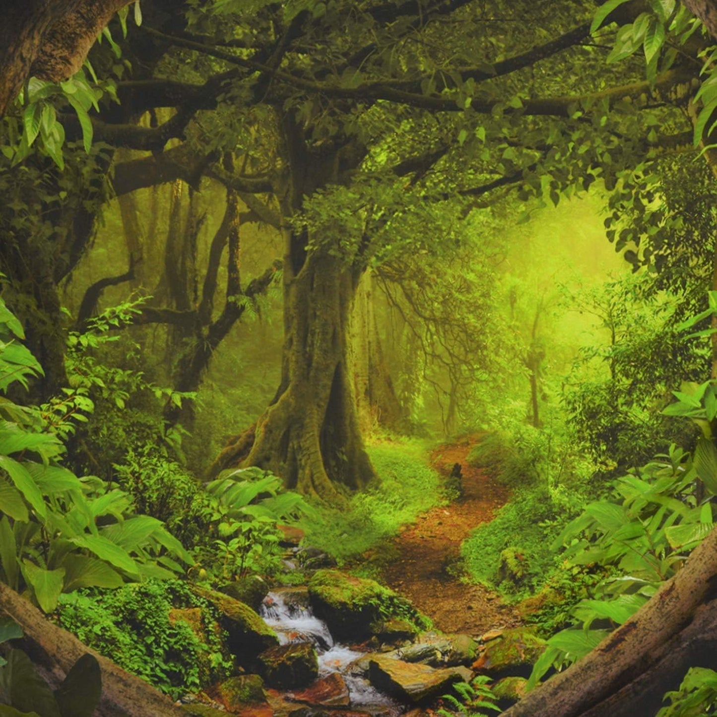 Tushelia Forest Nature Tapestry - Tree Cave Wall Hanging, Misty Forest Stream Through Rainforest Landscape, Jungle Creek Psychedelic for Living Room