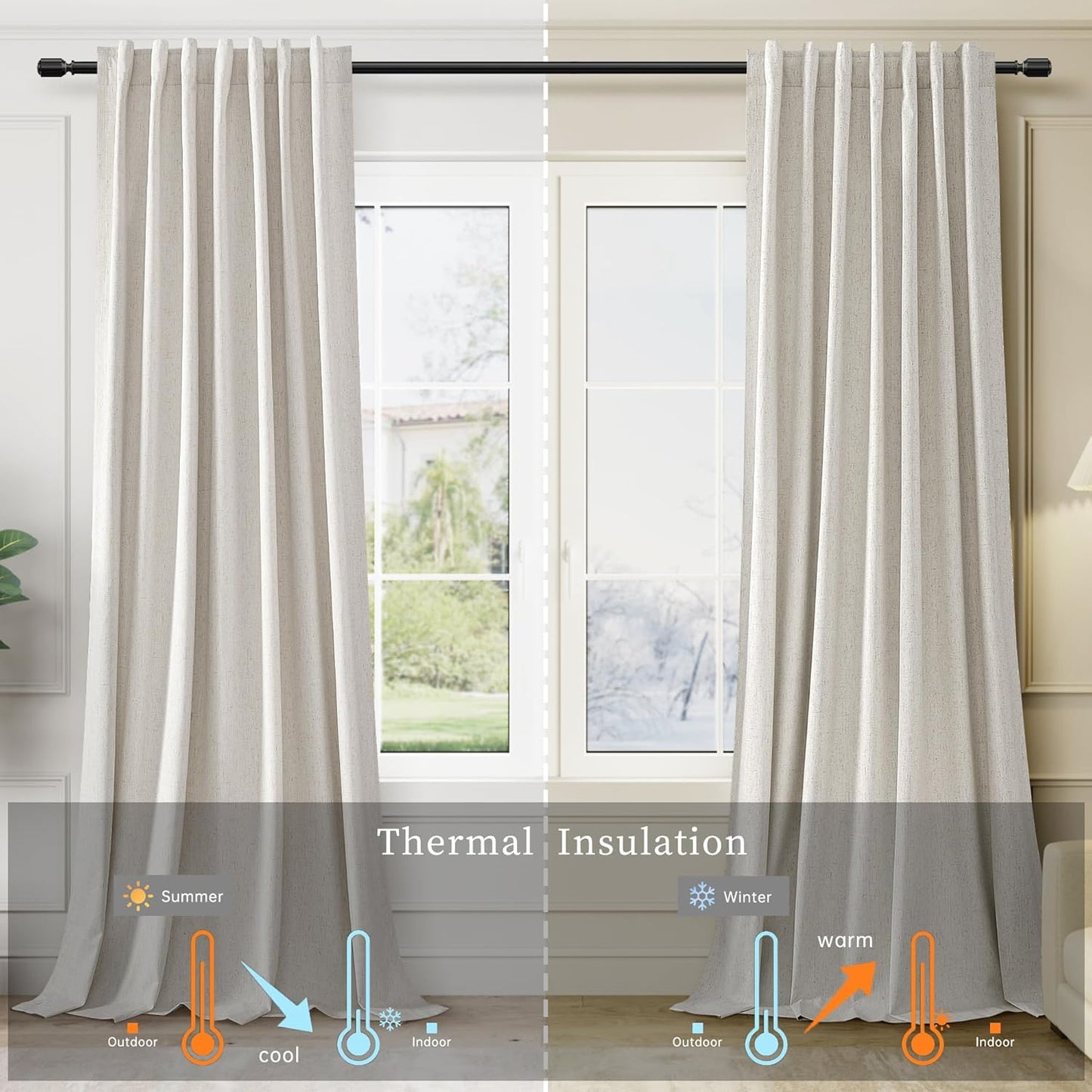 Natural Linen Blackout Curtains for Bedroom 84 Inch Length 2 Panels Set Room Darkening Curtains Cream Beige Black Out Curtain Neutral Thermal Insulated Living Room Nursery Drapes Back Tab 52x84