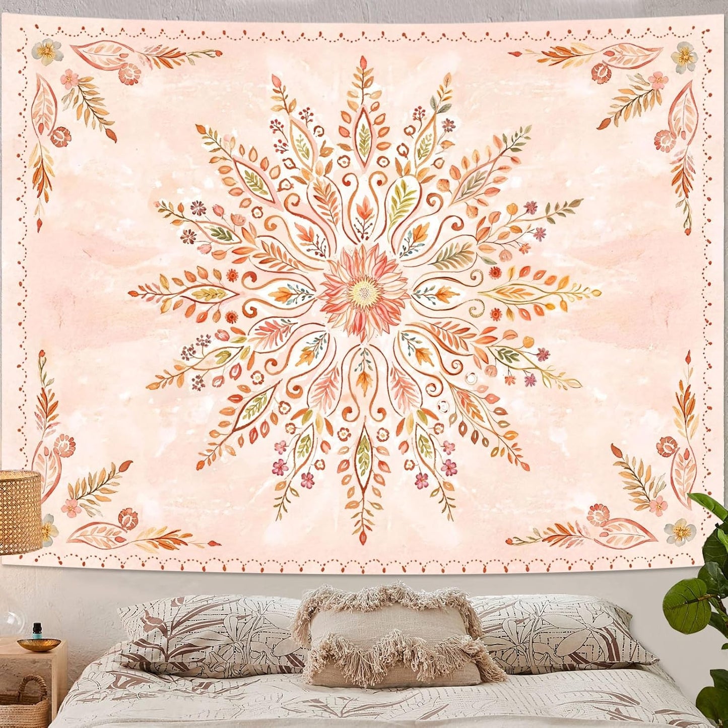 Lunerfex Floral Mandala Tapestry Boho Tapestry for Bedroom Orange Tapestries Wall Hanging Living Room Wall Art and Home Decor 70x90