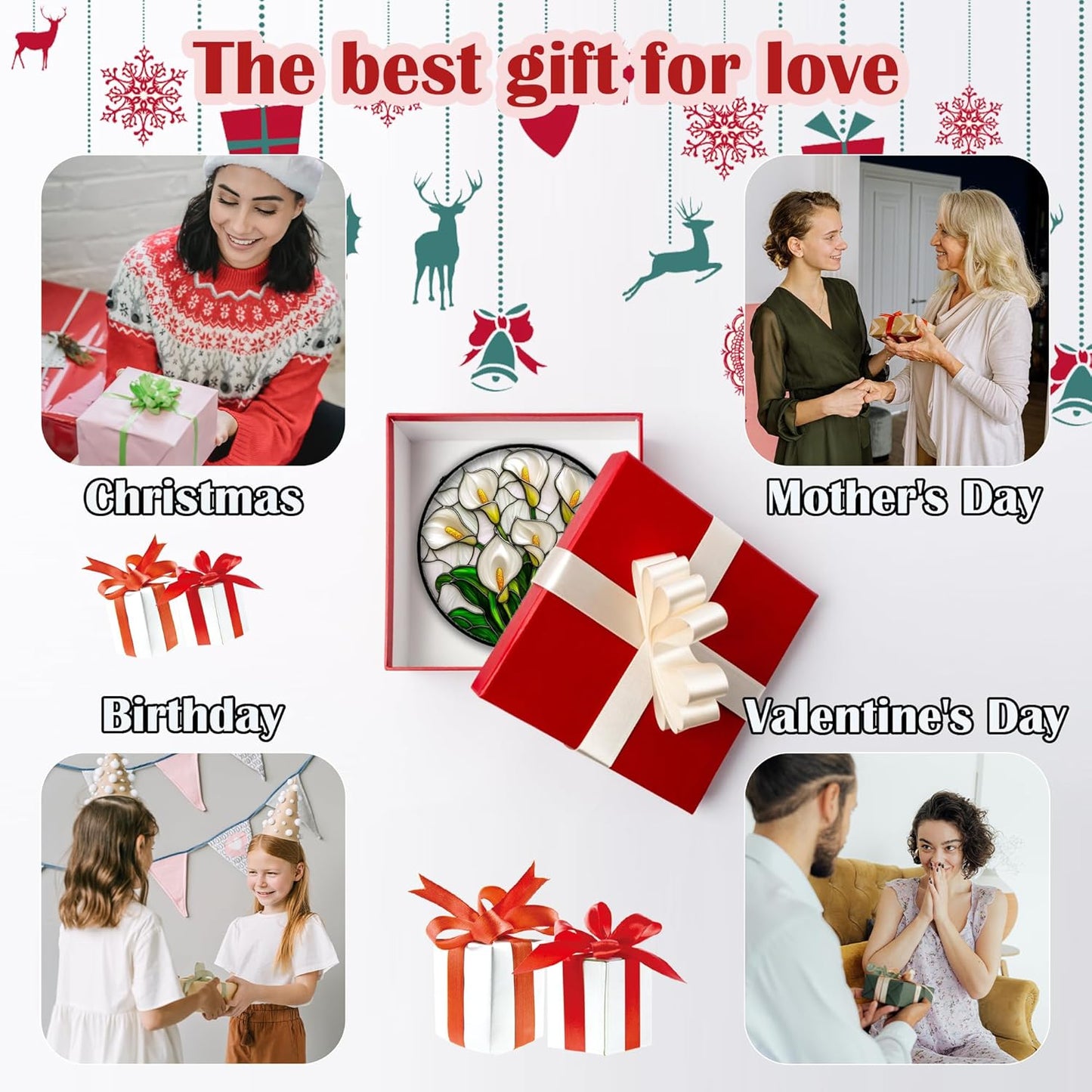 Stained Glass Window Hanging, White Calla Lily Suncatcher Diamond Glass Panel Hangings Flowers Sun Catchers Decor for Birthday for Women, Men, Wife, Aunt, and Mom 9.8 in