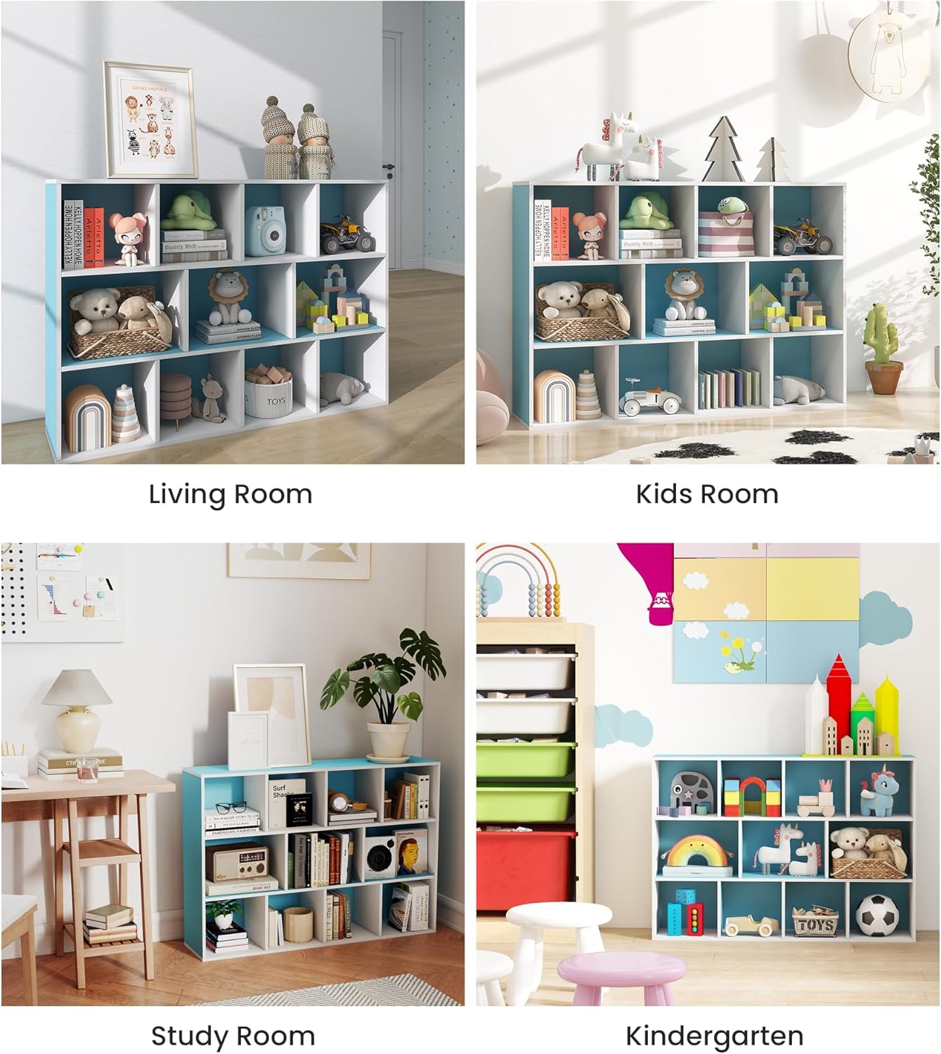 11-Cube Blue Kids Bookshelf and Toy Organizer – Wooden Storage Shelf for Boys Bedroom, Open Cube Bookcase for Toddlers and Playroom Organization