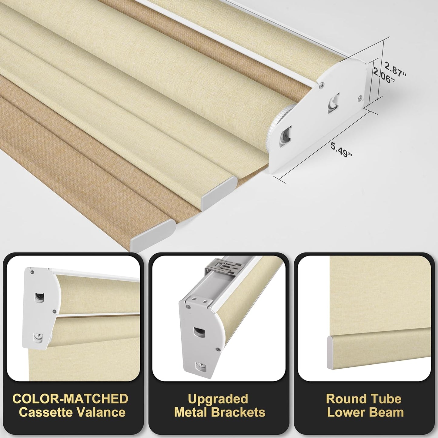BERISSA Cordless Dual Roller Shades with Cassette Valance,Double Window Shades Blackout and Light Filtering Shades,Day and Night Roller Shades for Home Office Door.Linen Beige.63 W x 86" H