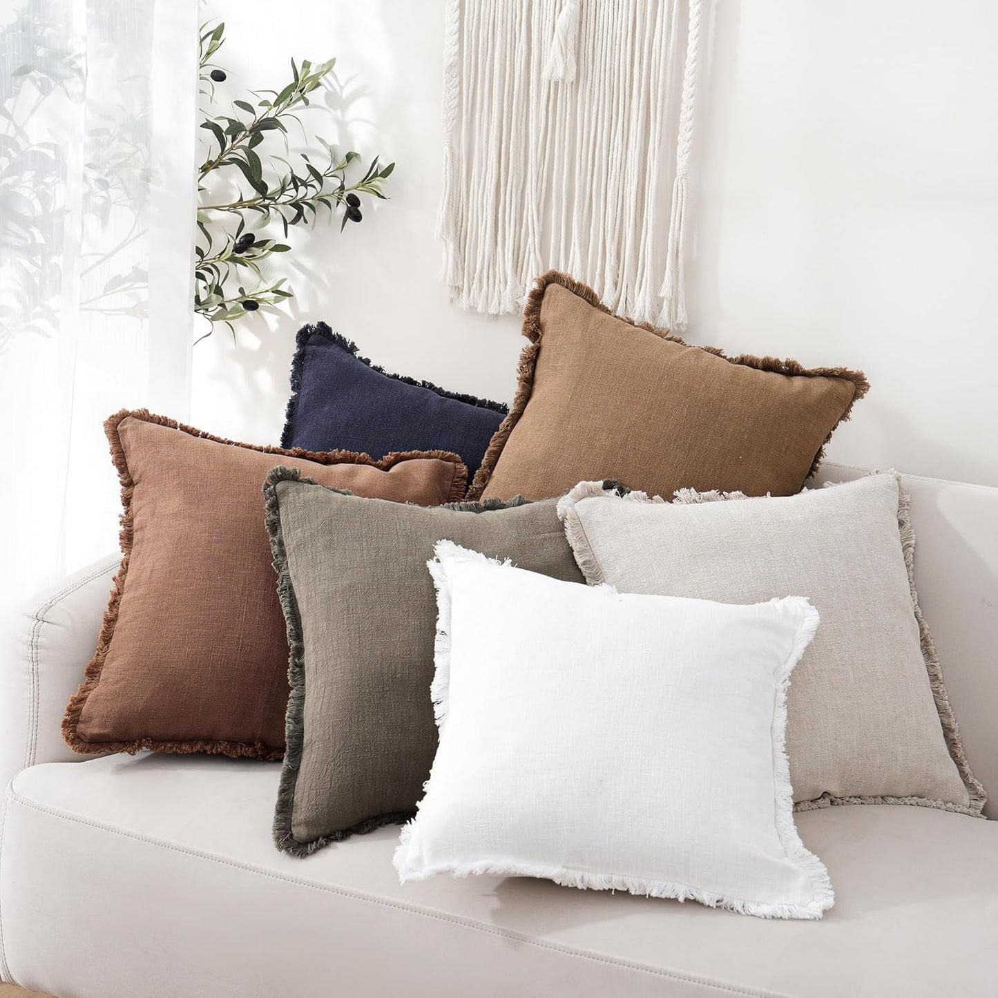 Foindtower Set of 2 Decorative Linen Fringe Throw Pillow Covers Cozy Boho Farmhouse Cushion Cover with Tassels Soft Accent Pillowcase for Couch Sofa Bed Living Room Home Decor, 24×24 Inch, Khaki Brown