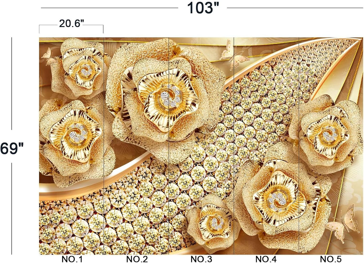 Golden Jewelry Diamond Rose Butterfly Wall Mural Wallpaper for Bedroom 103" x 69"
