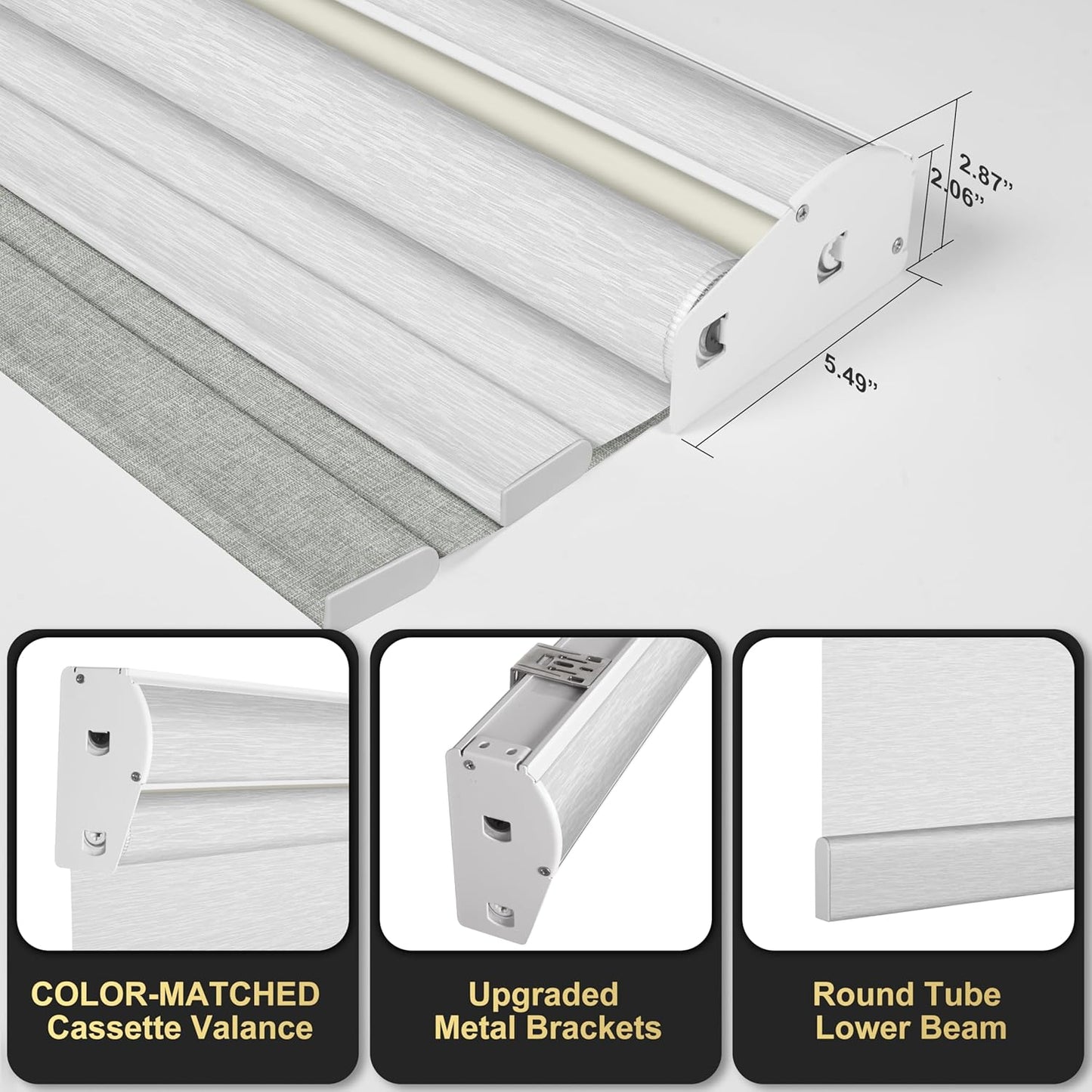 BERISSA Cordless Dual Roller Shades with Cassette Valance, Double Window Shades - Blackout and Light Filtering - Day and Night for Home Office Door. Linen Grey and White. 44 W x 72" H