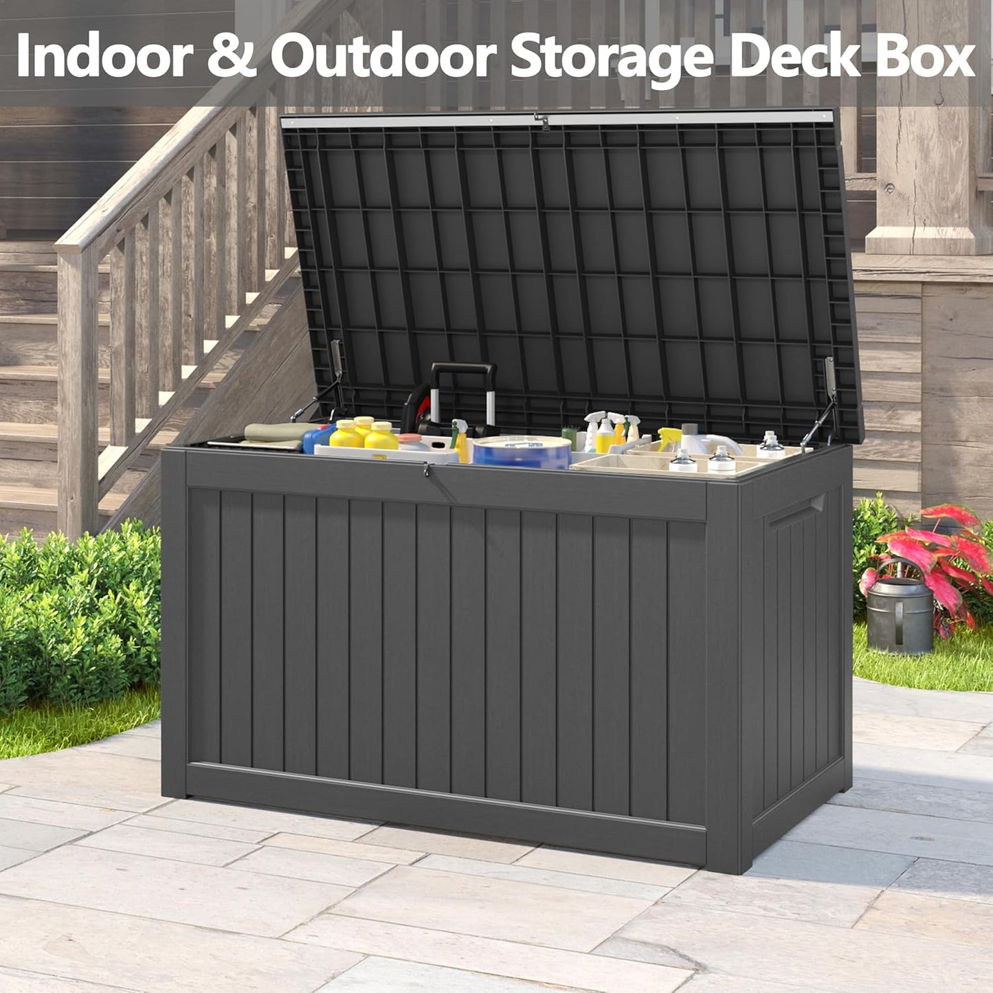 180 Gallon Outdoor Storage Box, Deck Box Resin Waterproof and UV Resistant Lightweight Deck Box for Garden Tools, Pool Supplies Organization