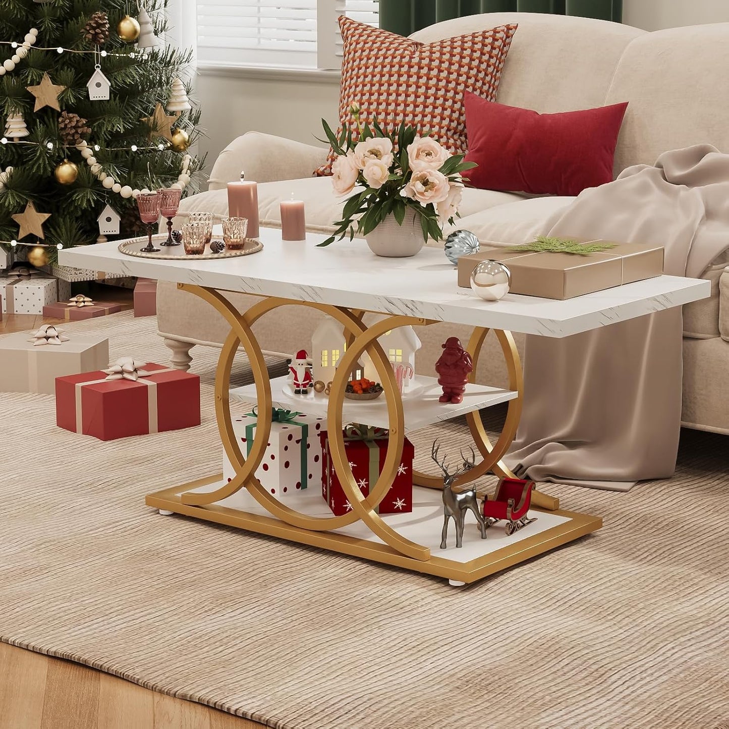 GiftGo Rustic Coffee Table with Storage Modern 3 Tier Center Living Room Table Faux Marble Wooden Rectangle Cocktail Tea Table for Office Bedroom Elegant Full Moon Design (White Gold, L-47)